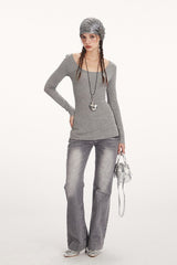 Sheer Lace Trim Long Sleeve Top