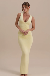 Sleeveless V Neck Ruched Back Slit Bodycon Party Dress