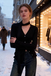 Draped Collar Textured Knit Top