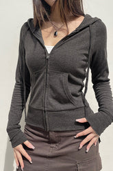 Gray Hooded Zip-Up Cropped Hoodie