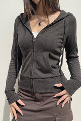 Gray Hooded Zip-Up Cropped Hoodie