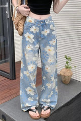 Washed Floral Print Baggy Jeans