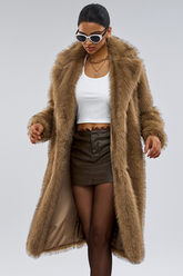 Notched Lapel Faux Fur Long Extended Overcoat