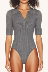Knit Collared Short Sleeve Stretch Slim Bodysuit