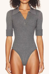 Knit Collared Short Sleeve Stretch Slim Bodysuit