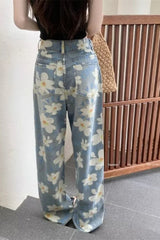 Washed Floral Print Baggy Jeans