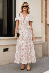 Elegant Puff Sleeve V Neck Slim Waist Long Floral Dress
