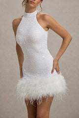 Sexy Sleeveless Bodycon Glitter Fur Sequin Cocktail Dress