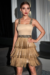 Elegant Colorblock Sequin Fringed Spaghetti Strap Cocktail Dress