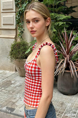Plaid Low-cut Lace Backless Strap Tank Crop Top