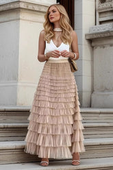 Tiered Sheer Mesh A-Line Maxi Skirt