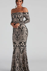 Boat Neck European Trendy Formal Evening Maxi Sequin Dress
