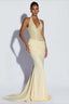 Sequin Patch Halter Deep V Ruched Train Maxi Bodycon Dress