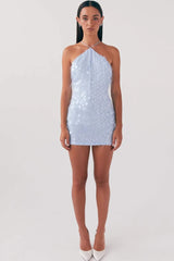 Halter Sequin Backless Cross Tie Graduation Party Dress