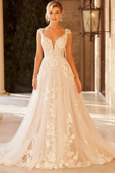 Sheer Mesh Lace Fit Flare Wedding Dress