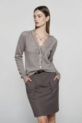 Lace Trim V Neck Cashmere Cardigan