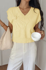 Deep V Solid Knit Short Sleeve Sweater