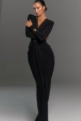 Sexy Deep V Padded Shoulder Long Sleeve High Slit Long Formal Dress