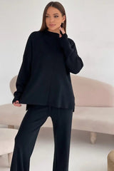 Slit Detail Sweater Wide Pants Knit Set