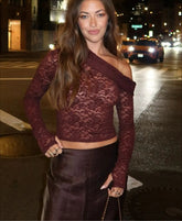 Skew Collar Long Sleeve Lace Mesh Sheer Top