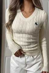 Embroidered Cable Knit V Neck Sweater