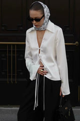 Acetate Satin Bow Tie V Neck Minimalist Long Sleeve Blouse