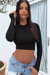 Sexy Hottie Solid Round Neck Slim Long Sleeve Crop Top