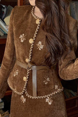 Boucle Style Corduroy Shirt Skirt Tweed Suit Set