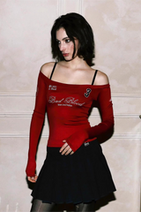 Badblood Retro Off Shoulder Letter Embroidery Sexy Crop Top