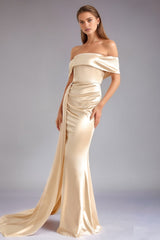 Solid Satin Off-Shoulder Strapless High Waist Formal Dress