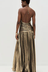 Metallic Pleated Slit Tie Halter Sleeveless Formal Dress