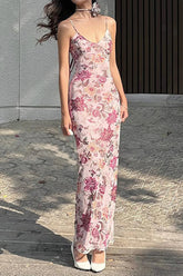 Backless V-Neck Maxi Floral Dress