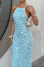 Sequin Open Back Camisole Fitted Maxi Party Dress