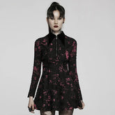 Printed Elastic Ripped Knitted Woman Point Collar Drawstring Split Gothic Dress