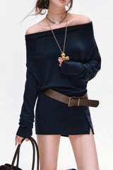 Batwing Sleeve Ribbed Knit Paneled Sweater Dress