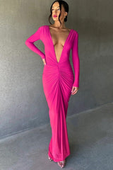 Sexy V Neck Bodycon Ruched Solid Long Sleeve Formal Dress