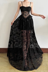 Sleeveless Ruffled Waist Maxi Lace Dress