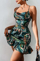 Floral Ruffle Satin Cami Silk Dress