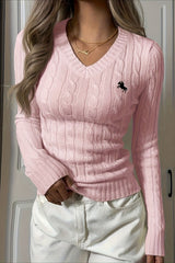 Embroidered Cable Knit V Neck Sweater