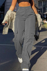 Street Style High Waist Multi Pocket Cargo Straight Loose Pants