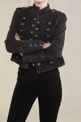 Cropped Denim Military Jacket