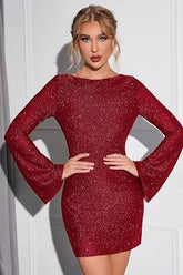Shiny Sequin Backless Tie Long Sleeve Cocktail Dress