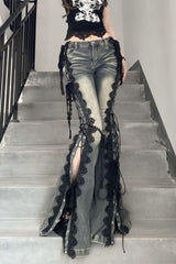 Vintage Plus Size Lace Up Split Hem Micro Flare Jeans