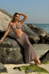Sexy Solid Mesh Long Skirt Three Piece Swim Set