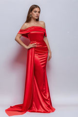 Solid Satin Off-Shoulder Strapless High Waist Formal Dress