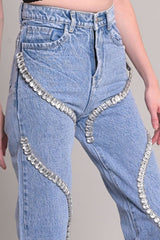 High Waist Rhinestone Panel Wide Leg Straight Jeans