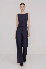 Stripe Asymmetric Sleeveless Top Straight Work Set