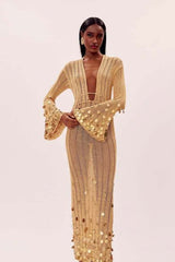 V Neck Belted Sequin Knit Long Boho Dress