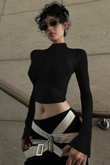 Slim Strappy Paneled Long Sleeve Stylish Crop Top