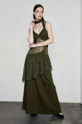 Lace Trim Sheer Waist Tie Cami Maxi Lace Dress